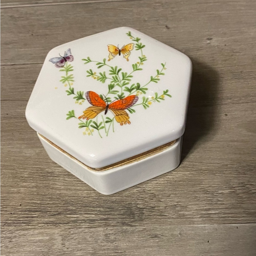 Vintage Shafford Japan Porcelain Butterfly Hexagonal Trinket Box